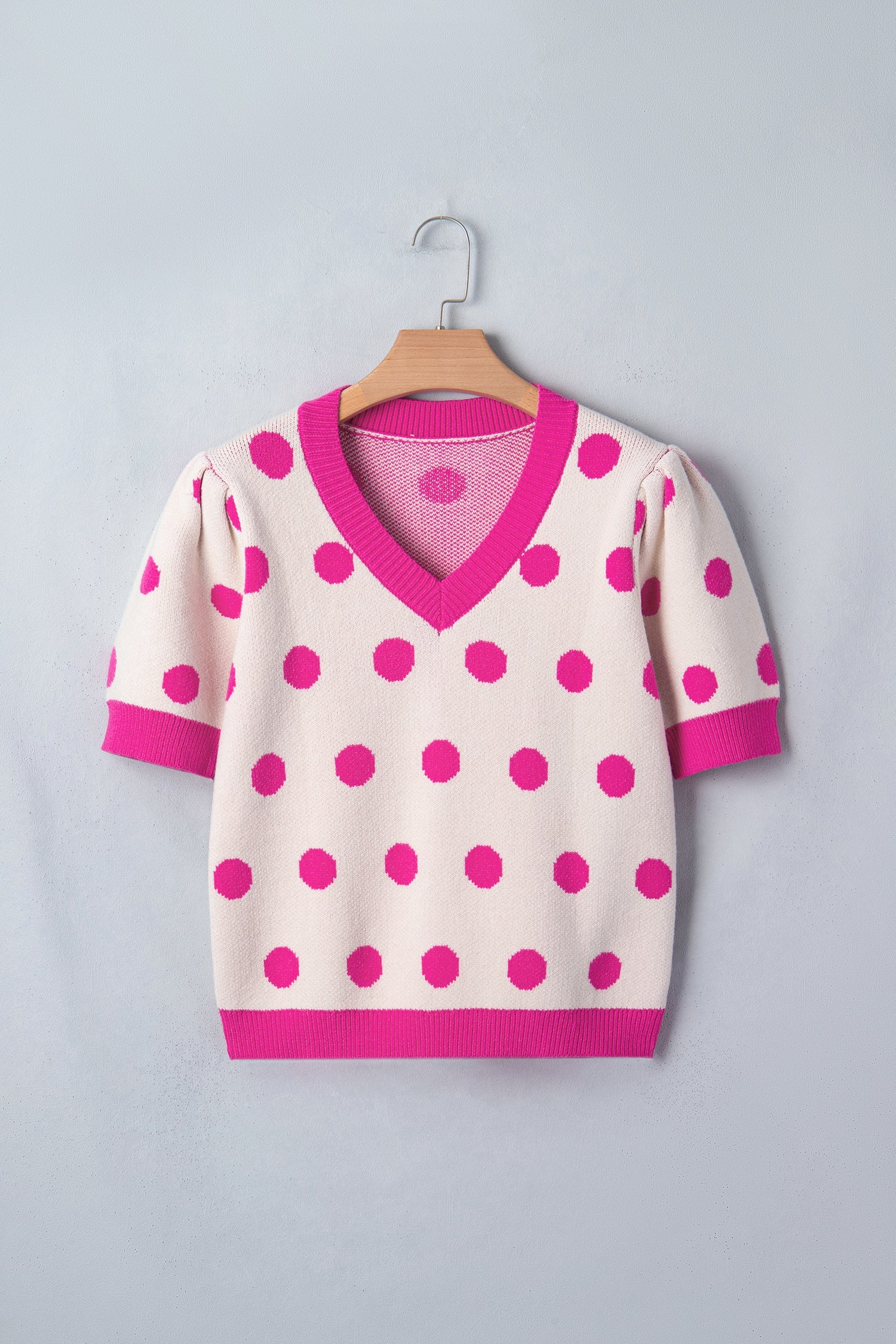 Alexia Puff Short Sleeve Sweater - Polka Dot V-Neck Knit Top