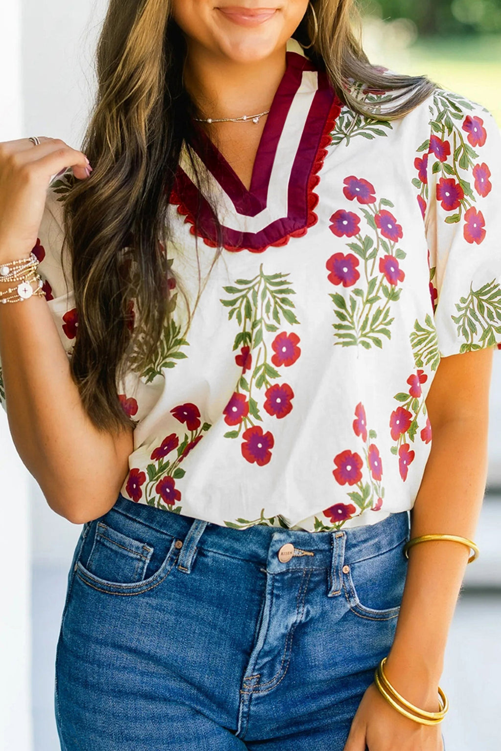 Women's Floral Embroidered Blouse with Bubble Sleeves