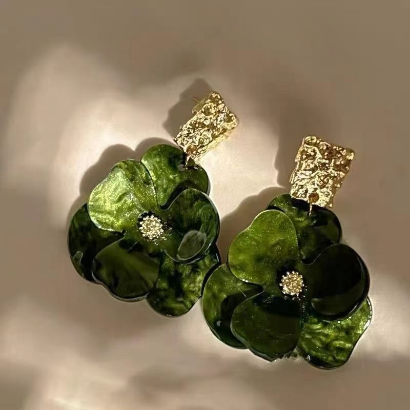 925 Silver Needle Acrylic Flower Earrings, Forest Retro French Style