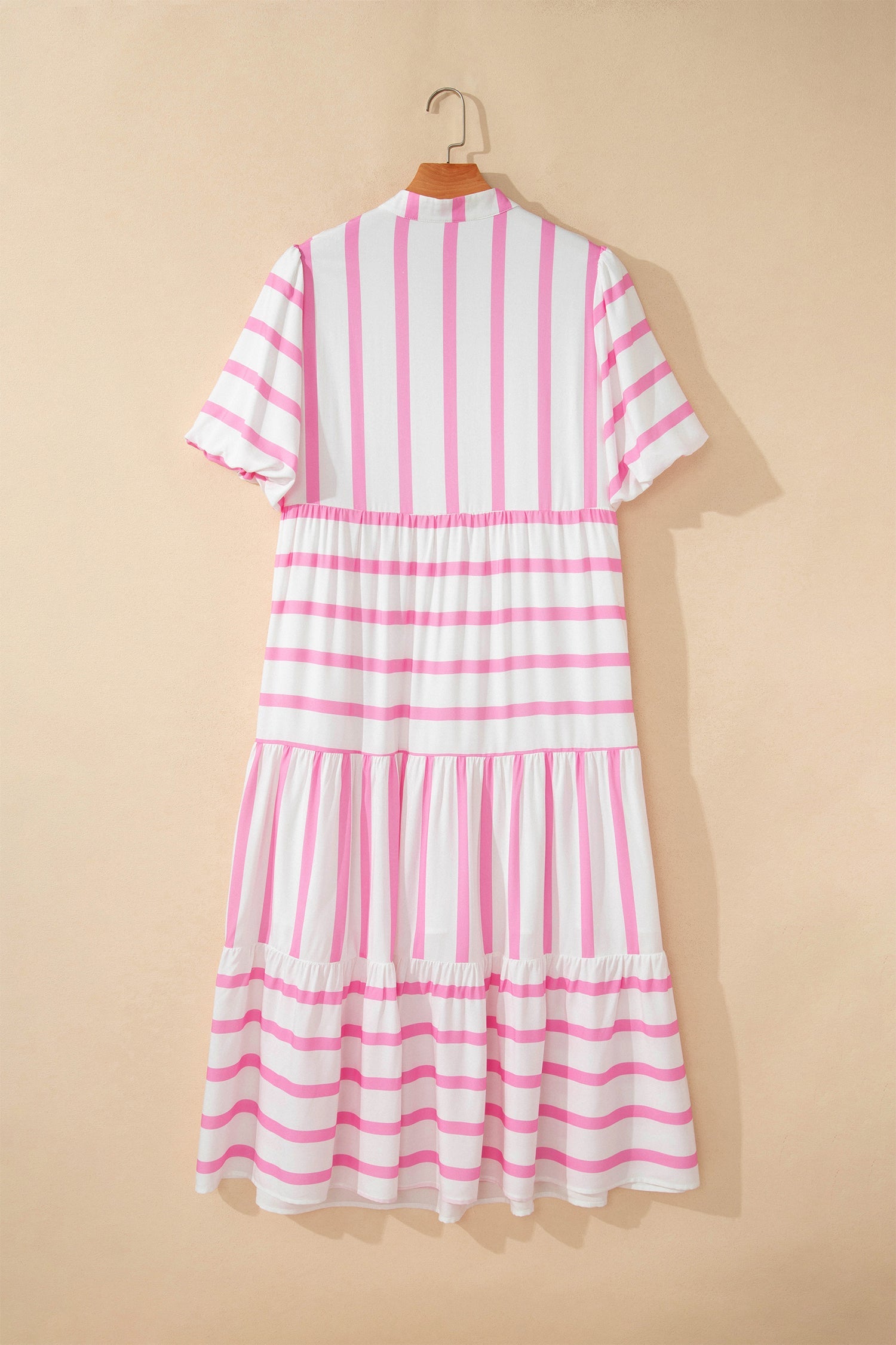 Elowen Striped Tiered V Neck Maxi Dress in Pink and White