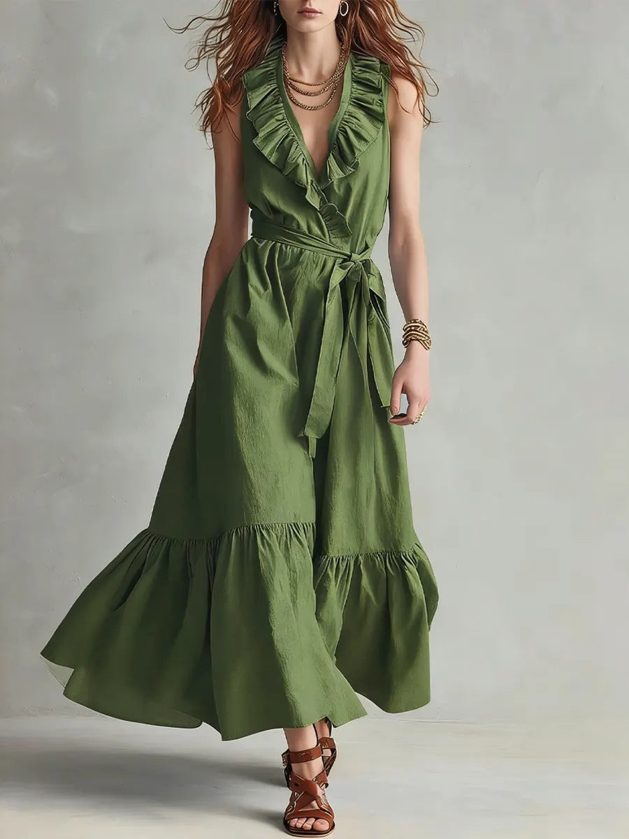 Women's Ruffled V-Neck Maxi Dress with Tie-Waist and Flare Hem - Image 6