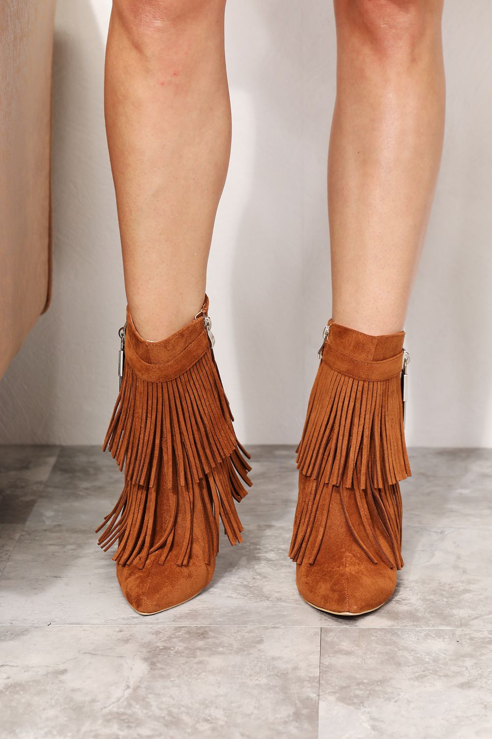Women's Brown Tassel Wedge Ankle Booties Pointy Toe Vegan Suede