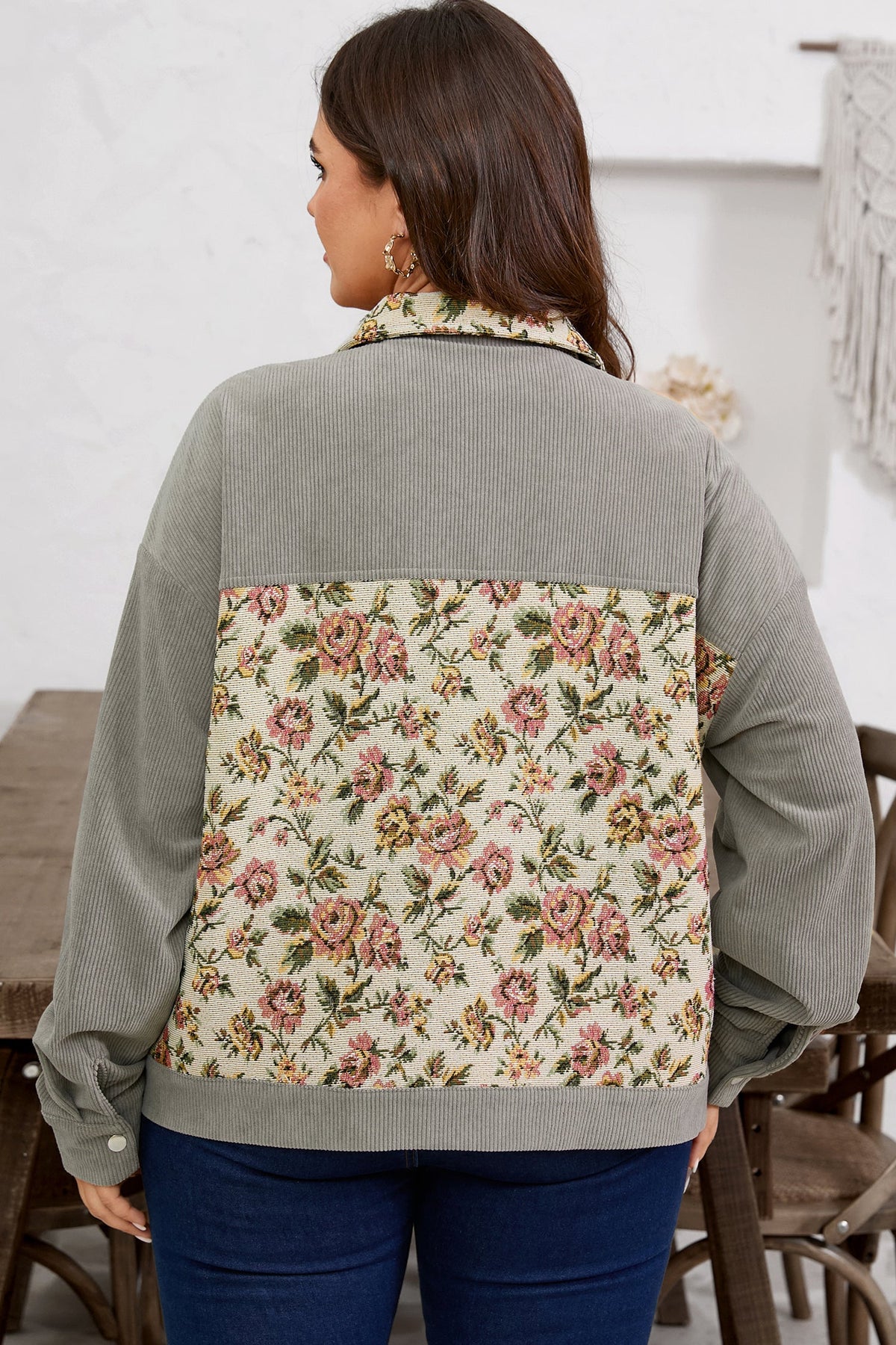 Plus Size Floral Patchwork Corduroy Pocketed Jacket