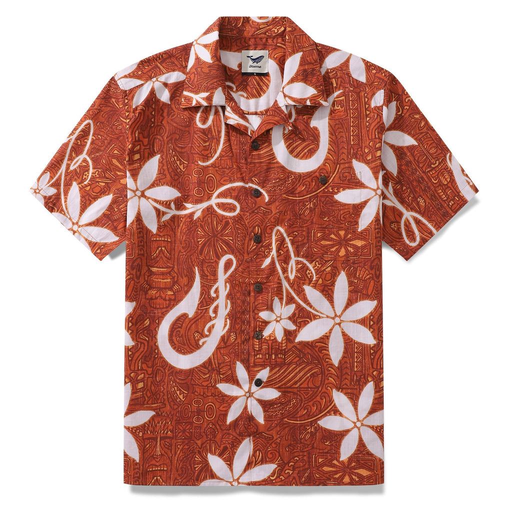 Red Hawaiian shirt for men with tiki totem print and camp collar