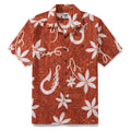 Red Hawaiian shirt for men with tiki totem print and camp collar