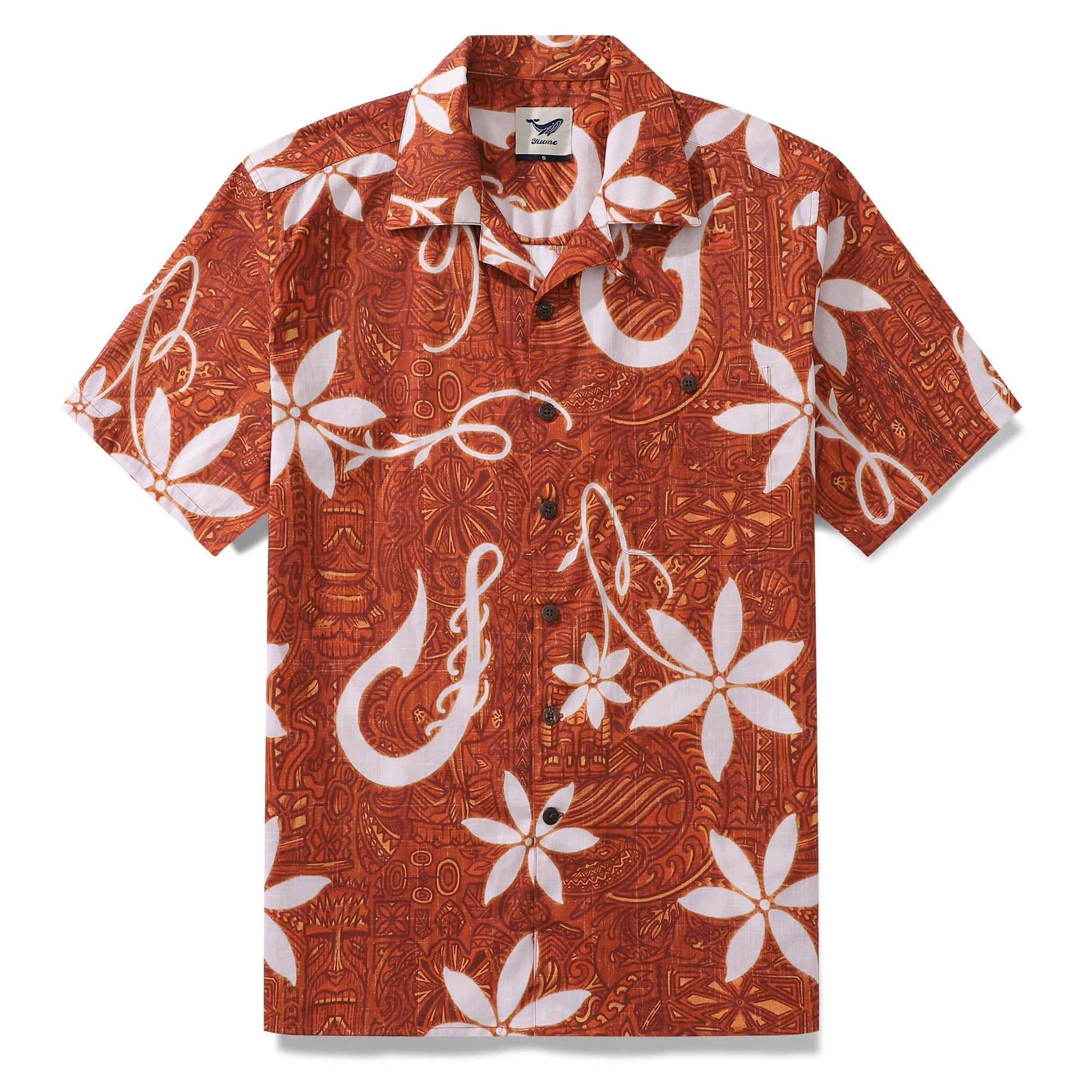 Red Hawaiian shirt for men with tiki totem print and camp collar