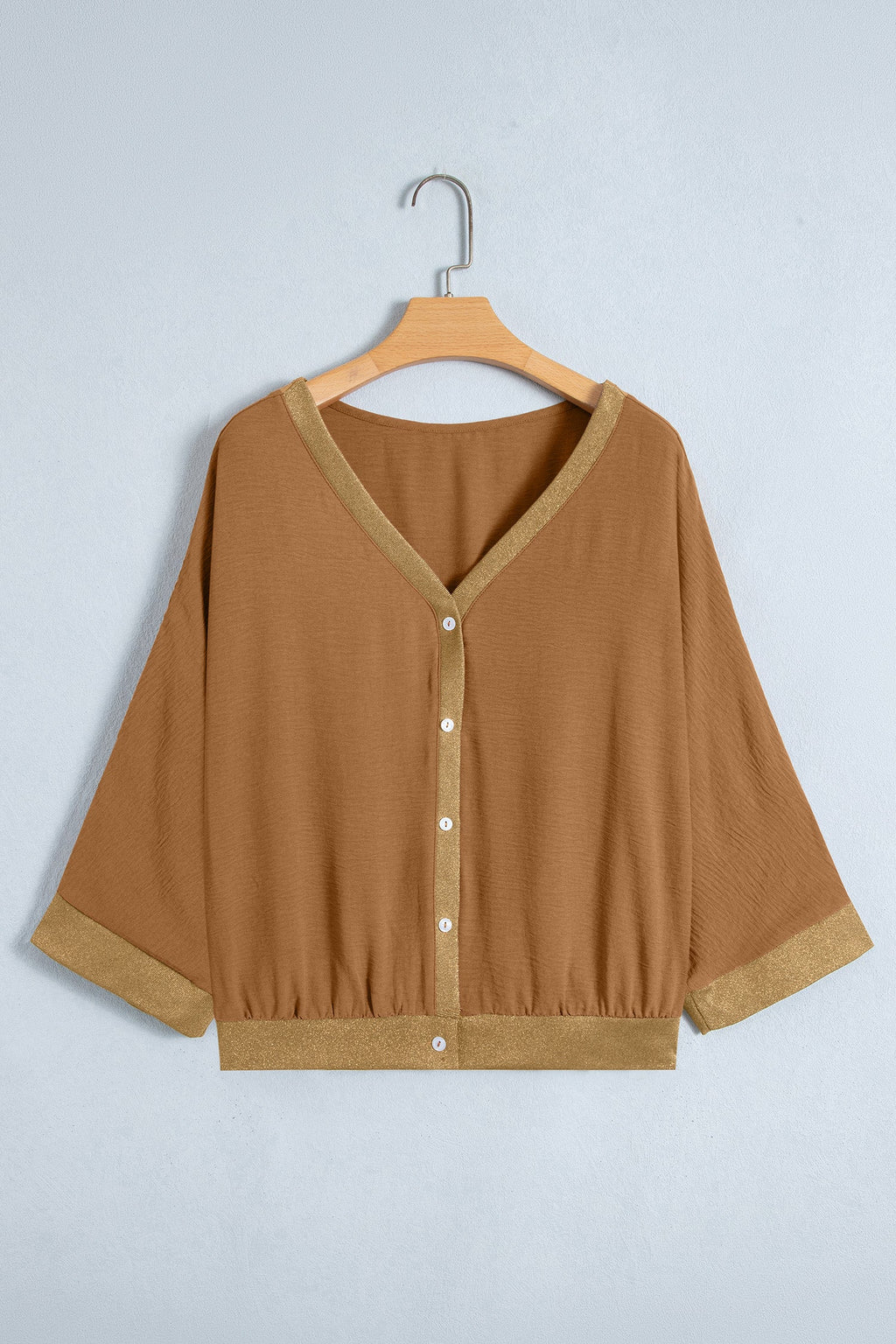 Metallic Trim 3/4 Sleeve Buttoned V-Neck Blouse