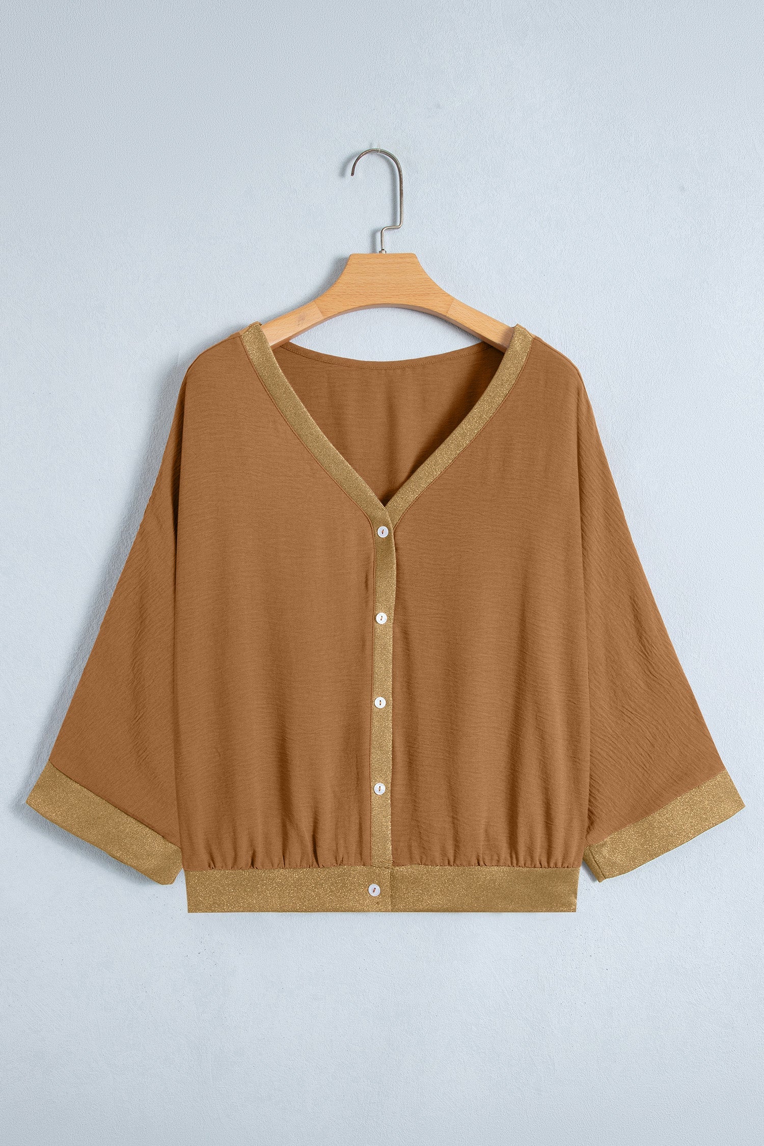 Metallic Trim 3/4 Sleeve Buttoned V-Neck Blouse