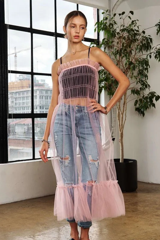 Ruffled Mesh Beach Cover-Up Dress in Pink