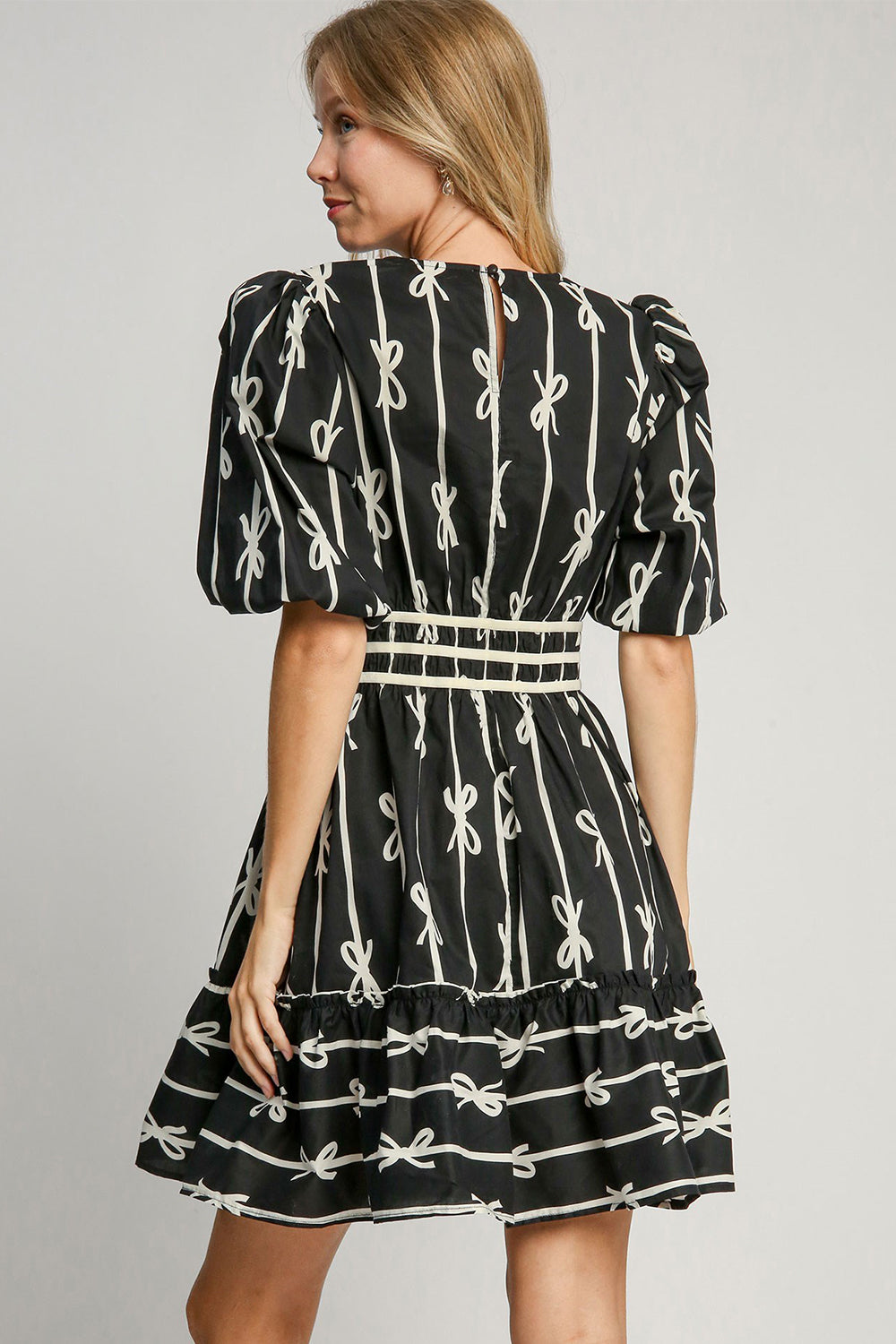 Elegant Black Ribbon Print Half Sleeve Mini Dress