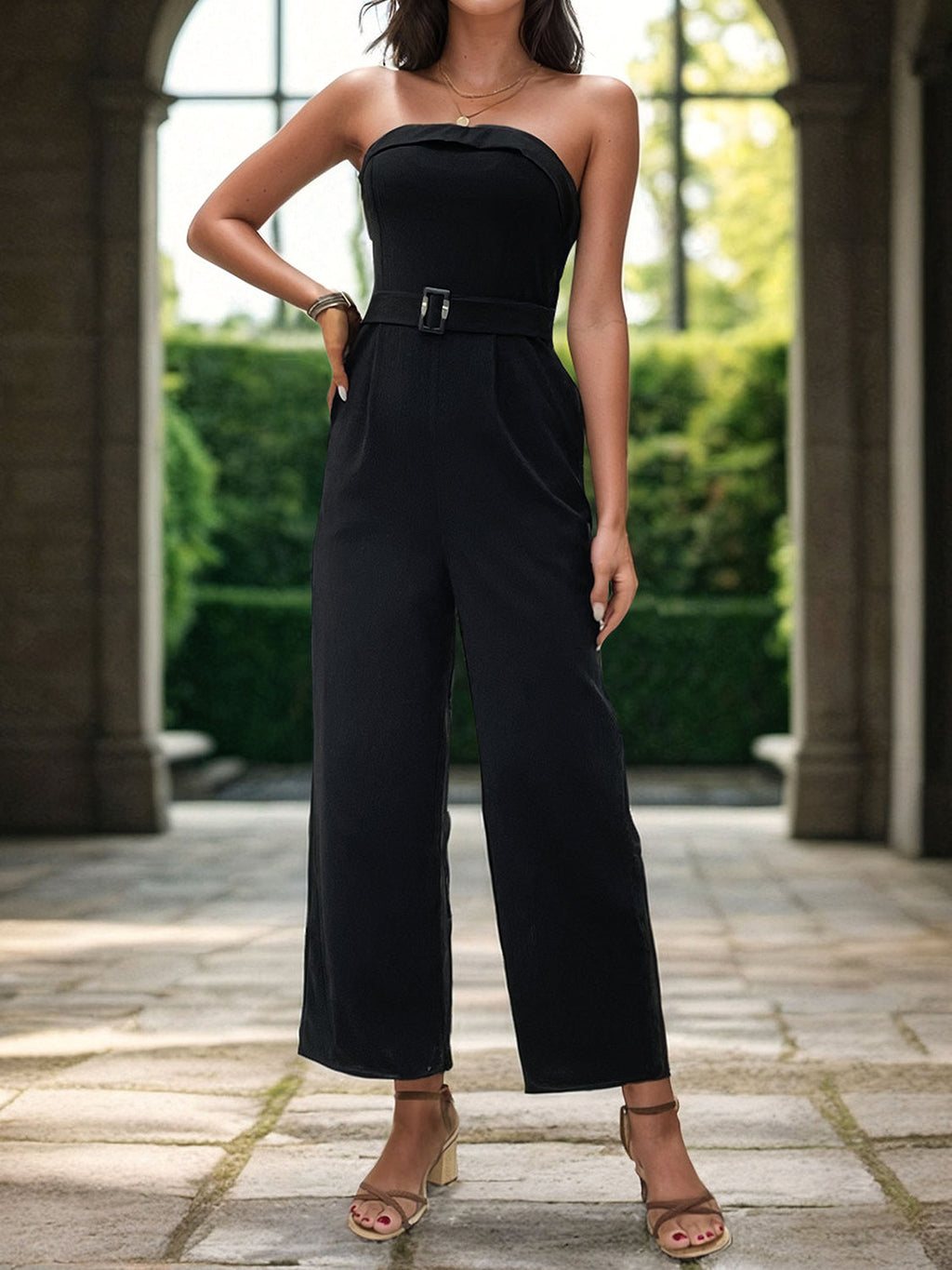 Black Tube Jumpsuit with Waist Belt and Pockets - Image 5