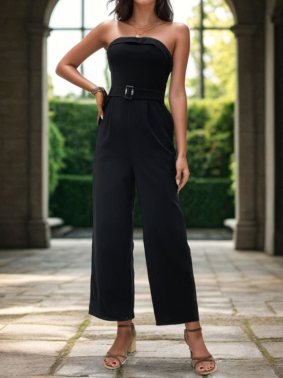 Black Tube Jumpsuit with Waist Belt and Pockets - Image 5