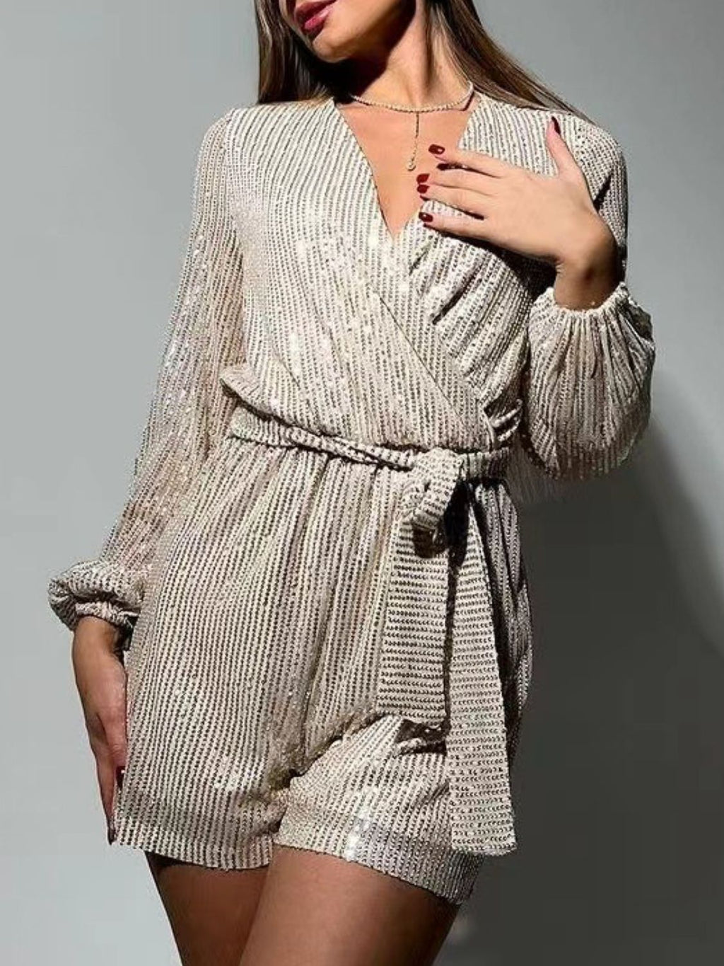 Sequin Surplice Tie Waist Long Sleeve Mini Romper