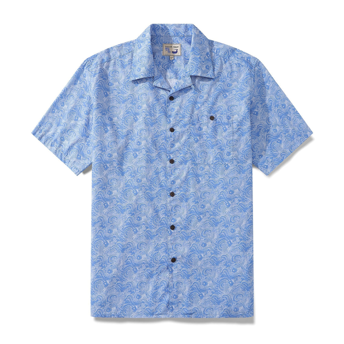 Blue men's Hawaiian shirt with traditional koi carp print in 100% cotton.
