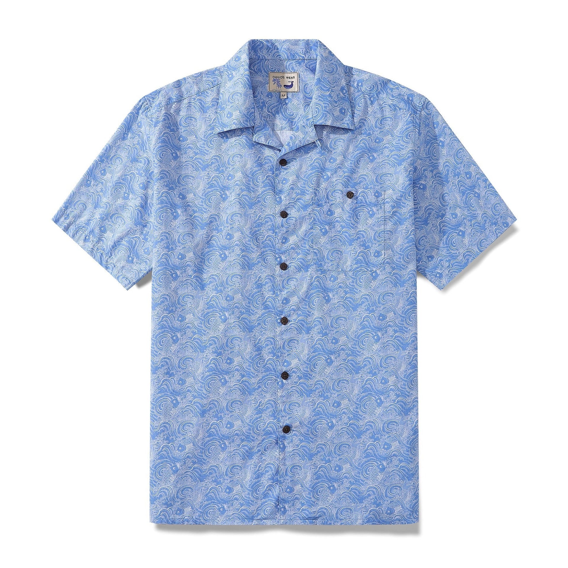 Blue men's Hawaiian shirt with traditional koi carp print in 100% cotton.