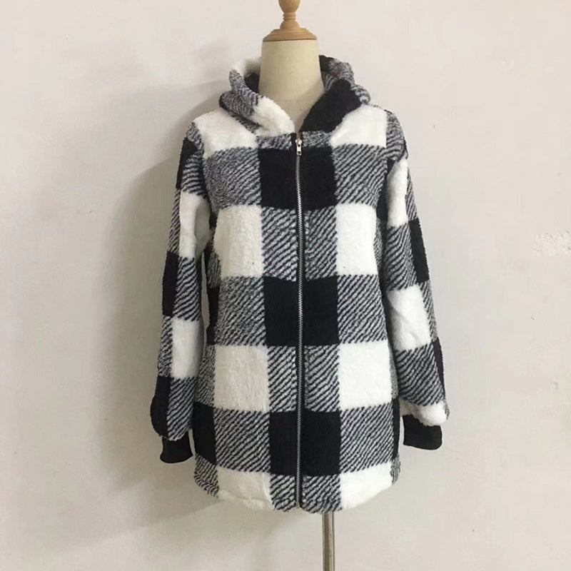 Women's Plaid Hooded Zip-Up Fleece Jacket Oversized Winter Coat - Image 2