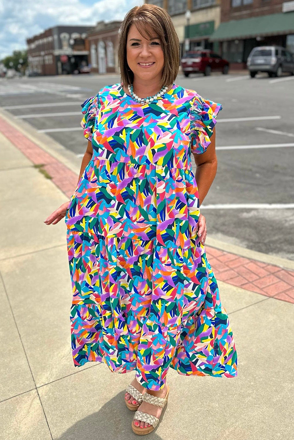 Blue Abstract Print Ruffle Sleeve Tiered Maxi Dress