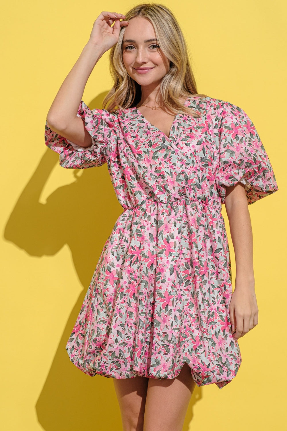 Floral Surplice Puff Sleeve Midi Dress