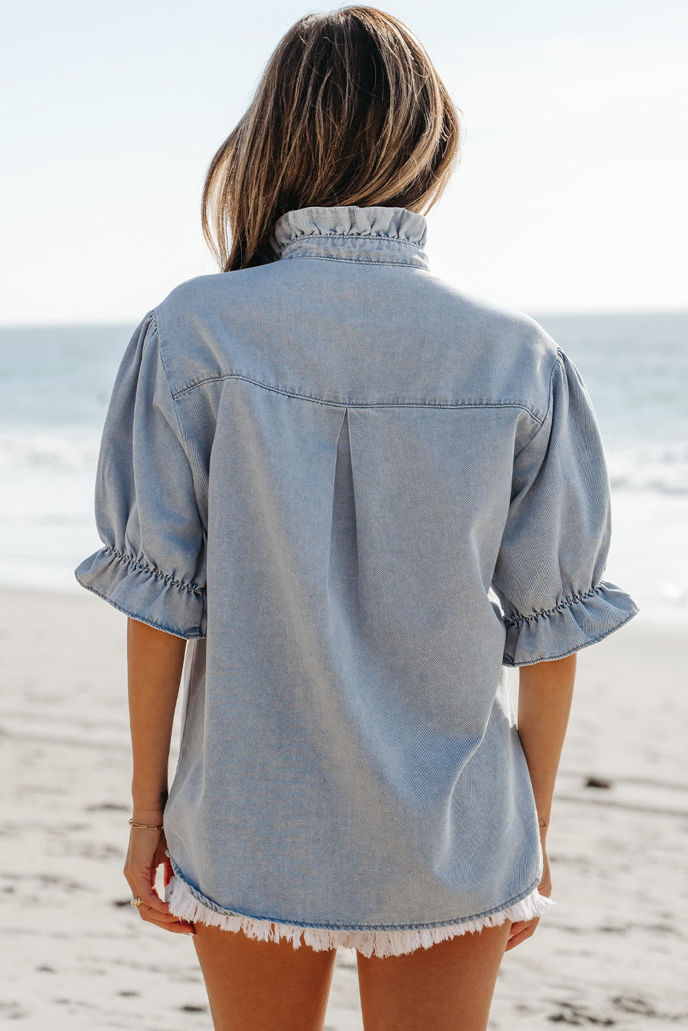 Chambray Ruffle Short Puff Sleeve Summer Shirt