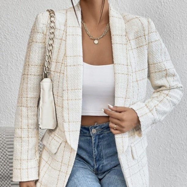 Women's White Windowpane Linen Blazer Jacket