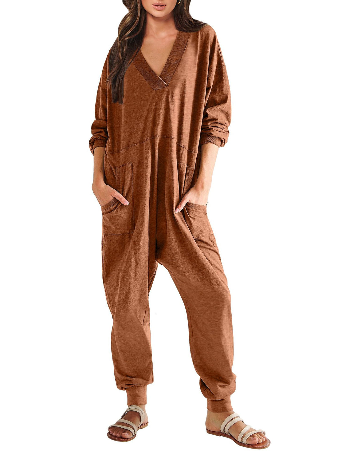 Women’s V-Neck Long Sleeve Solid Color Jumpsuit with Pockets
