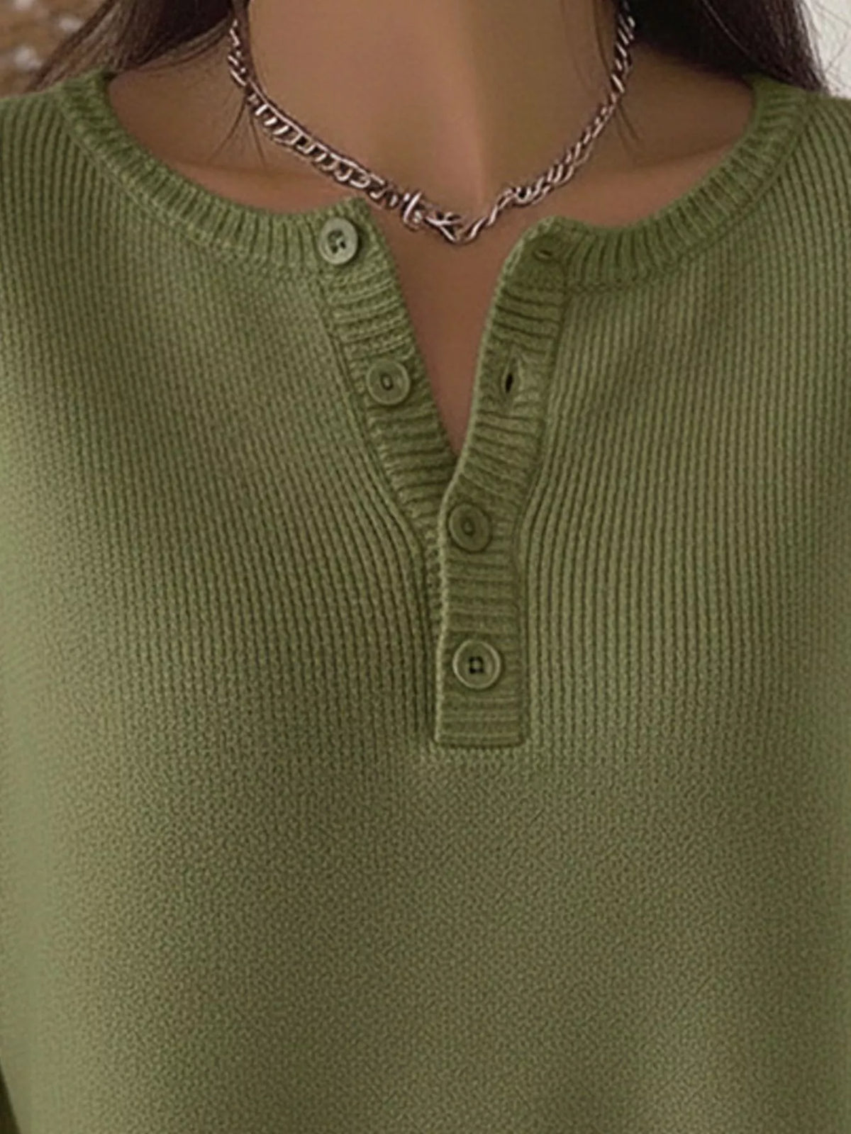 Full Size Half Button Long Sleeve Knit Top Plus Size