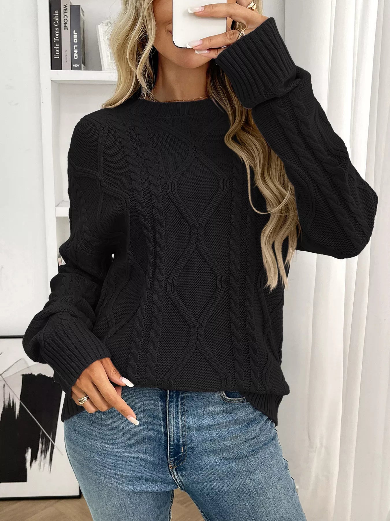 Lavender Cable Knit Round Neck Long Sleeve Sweater - Image 8