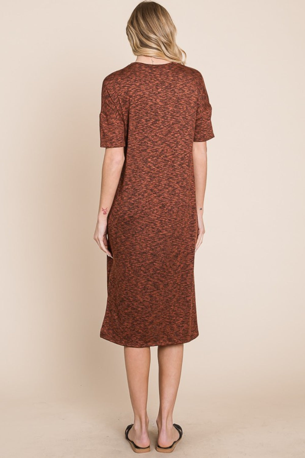Round Neck Side Slit Midi Dress in Rust or Black