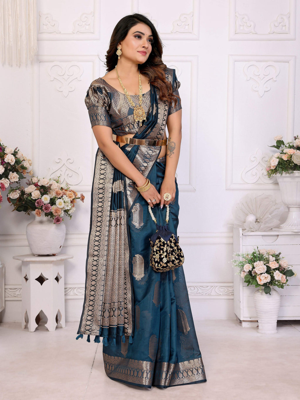 Teal Blue Soft Organza Silk Weaving Saree for Festive Occasions