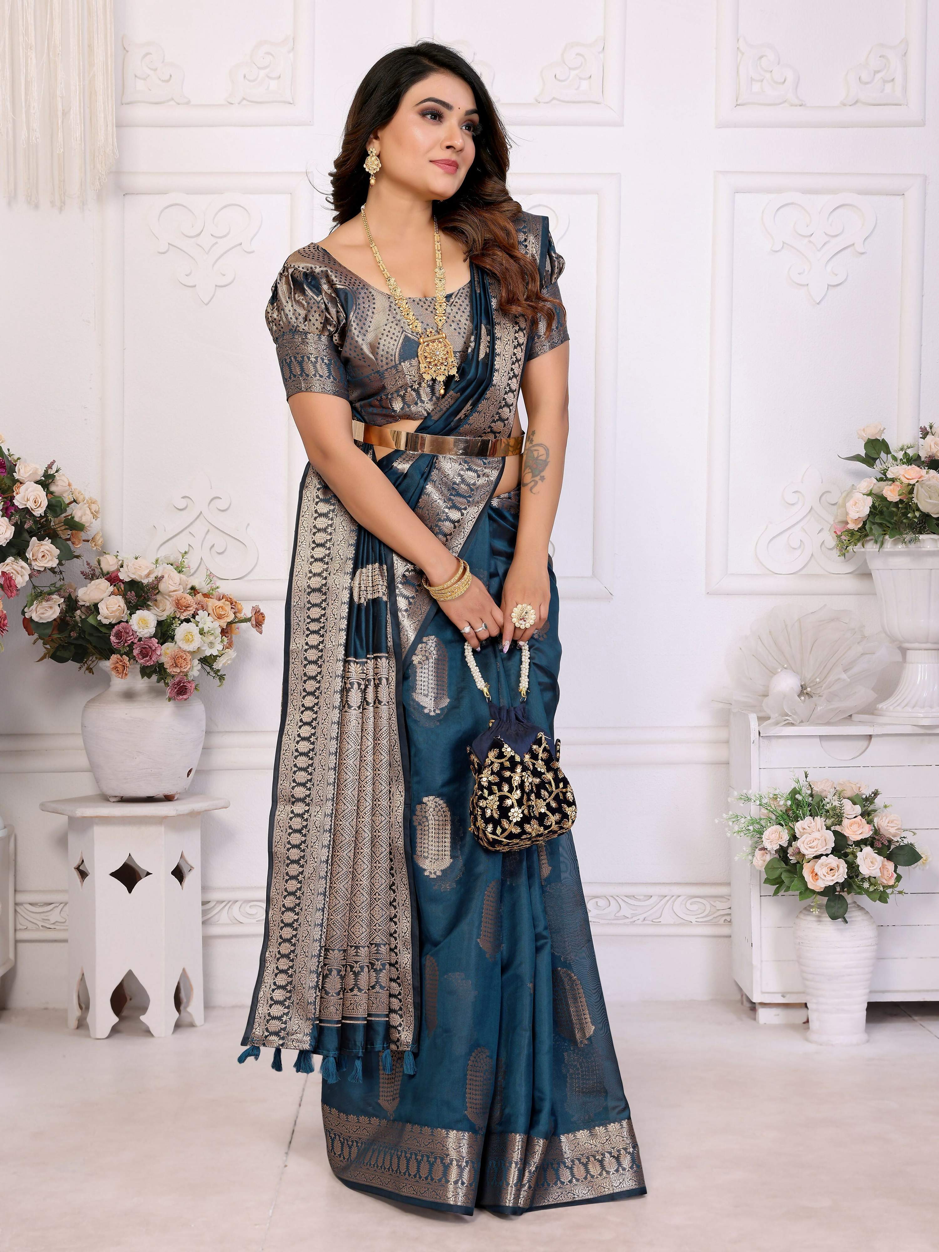 Teal Blue Soft Organza Silk Weaving Saree for Festive Occasions