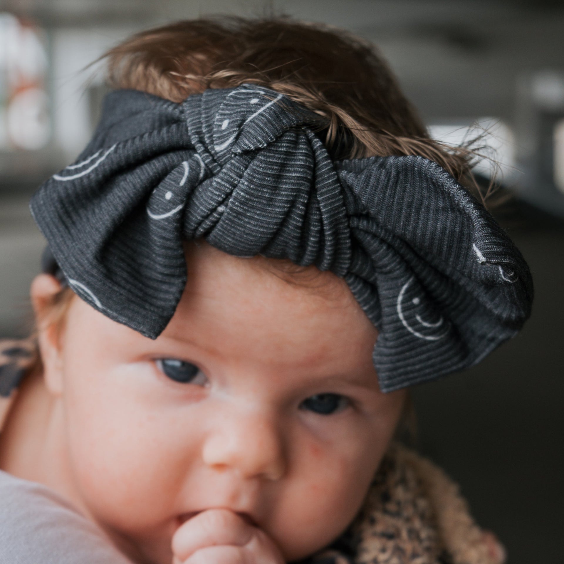Smiley Ribbed Bamboo Baby Head Wrap in Charcoal Grey