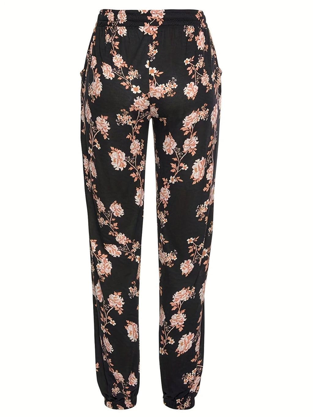 Black Floral Print Drawstring Jogger Pants with Pockets - Image 2