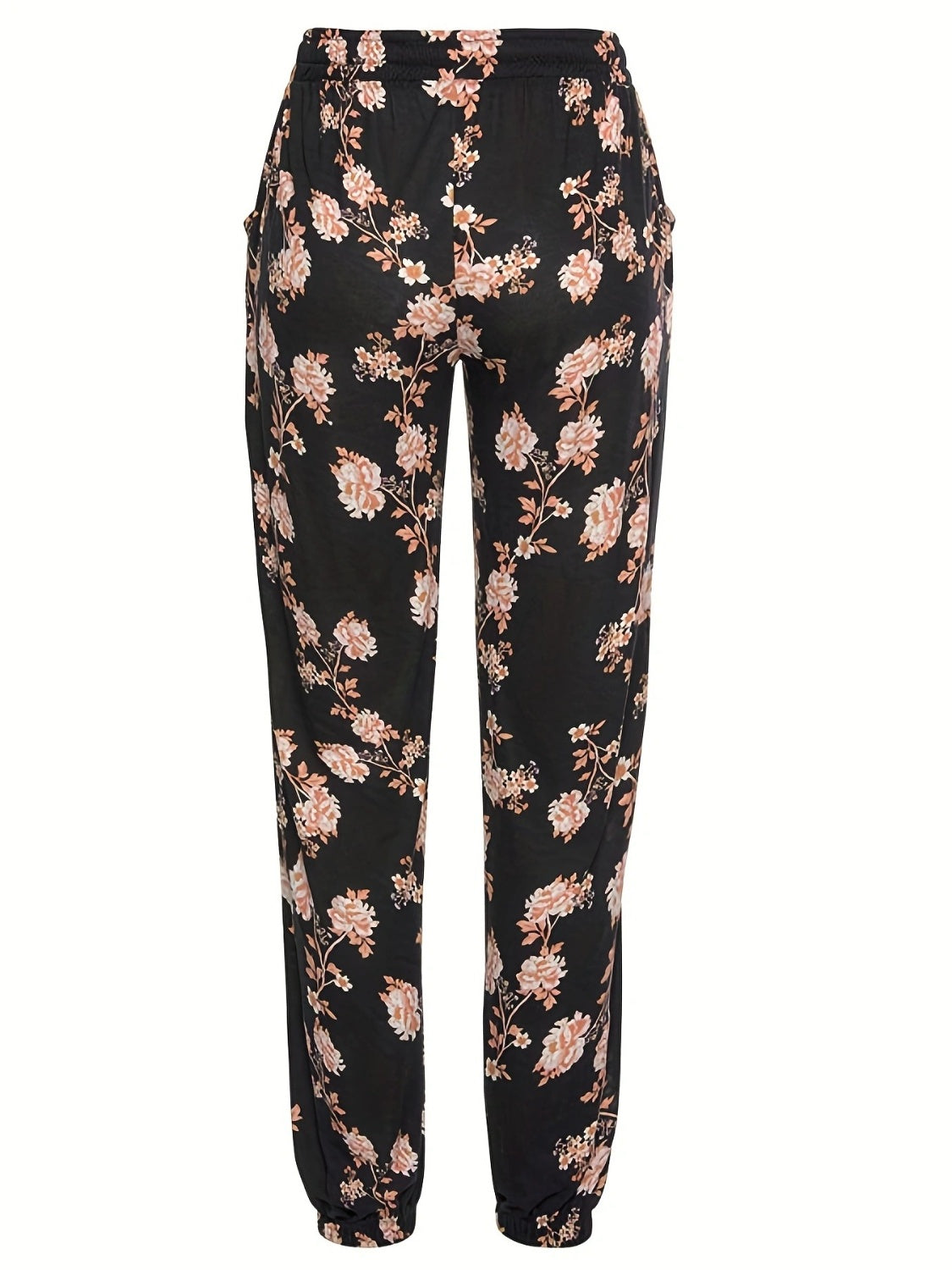 Black Floral Print Drawstring Jogger Pants with Pockets - Image 2
