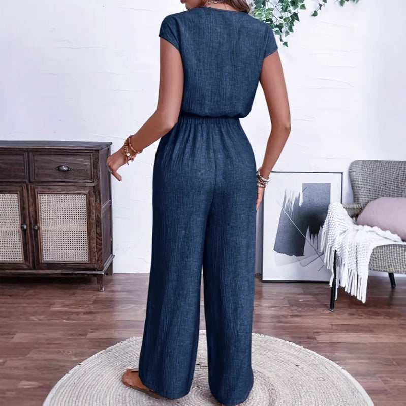 Navy Blue V-Neck Jumpsuit with Buttons & Elastic Waist