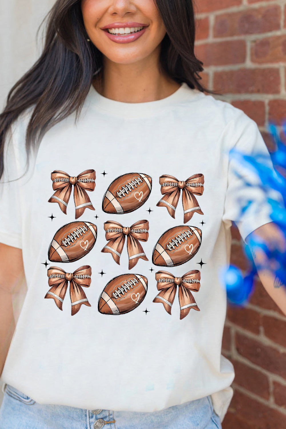White Football Fashion Bow Print Cotton Blend T-Shirt
