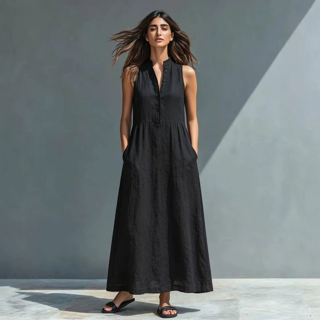 Women's Stand-Collar A-Line Maxi Dress – Resort & Vacation Style