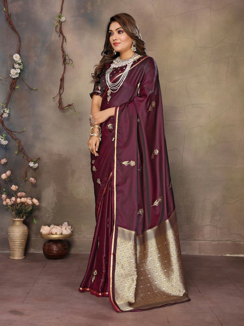 Maroon Floral and Botanical Motif Satin Silk Banarasi Saree