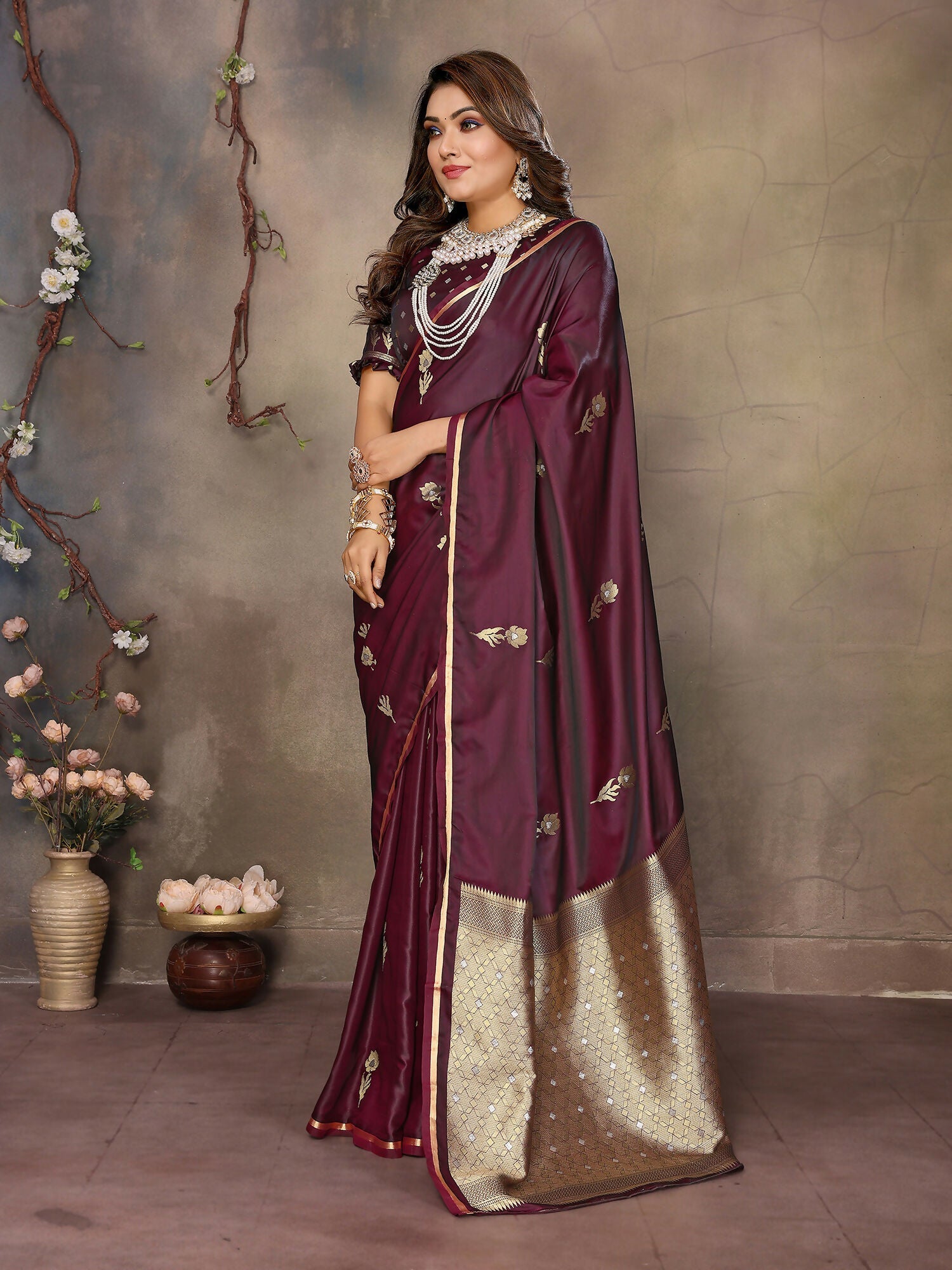 Maroon Floral and Botanical Motif Satin Silk Banarasi Saree