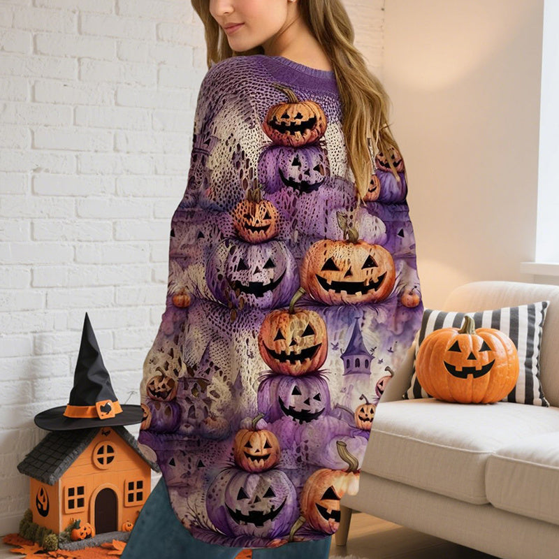 Women’s Halloween Pumpkin Print Batwing Sweater Loose Knit Top