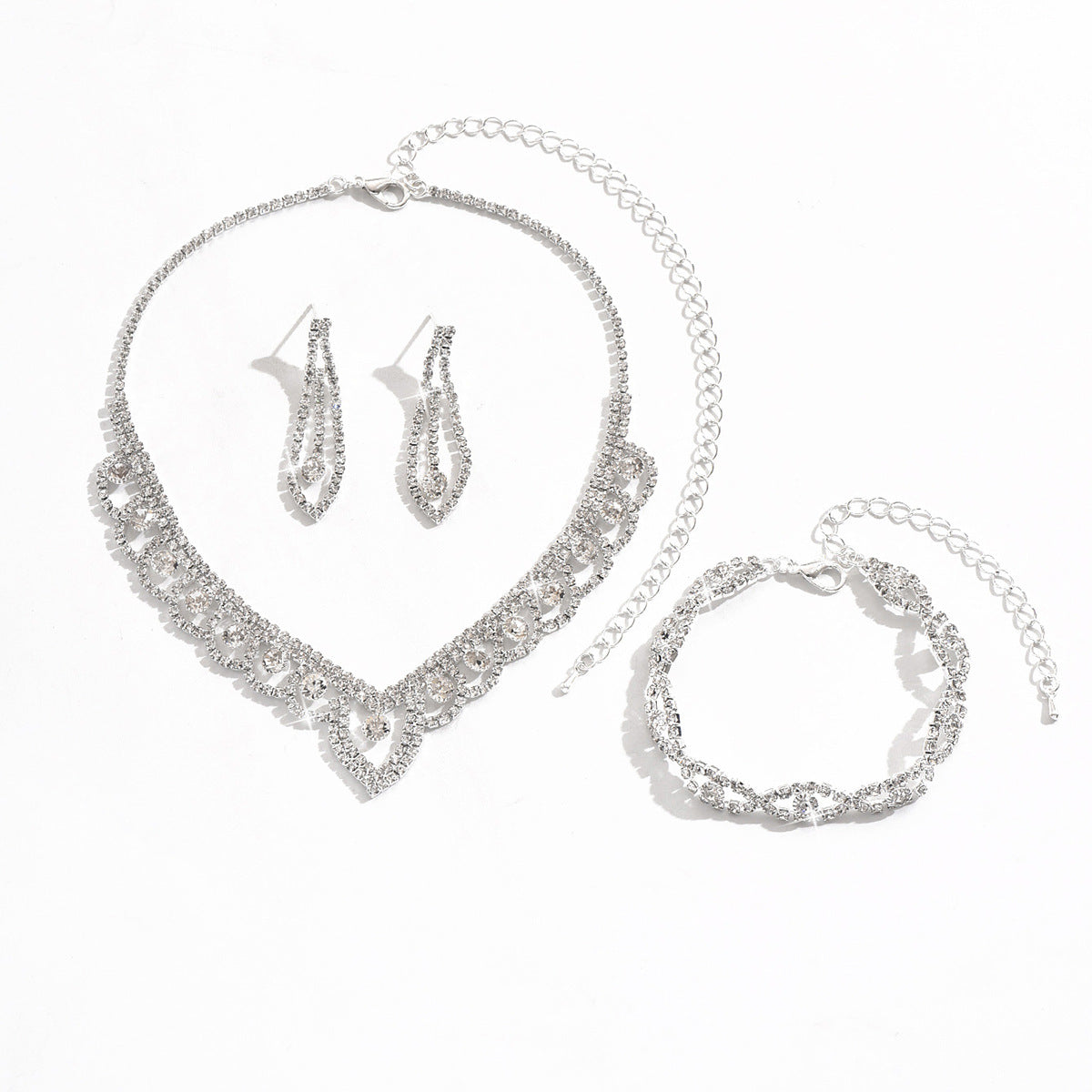 European And American Lace Rhinestone Silver Necklace Earrings Bracelet Niche Elegant Clavicle Chain Fashion Accessible Luxury Jewelry Set