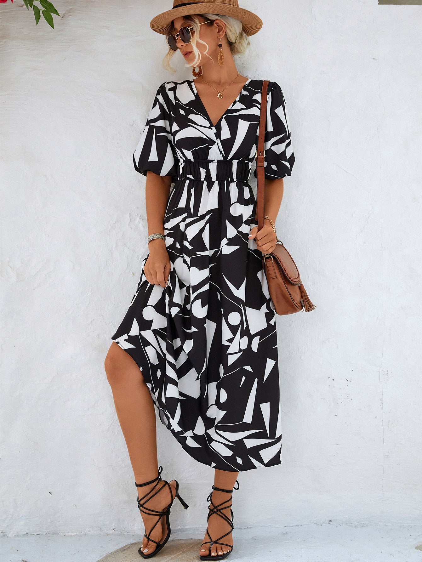 Black & White Printed Balloon Sleeve Mini Dress for Summer