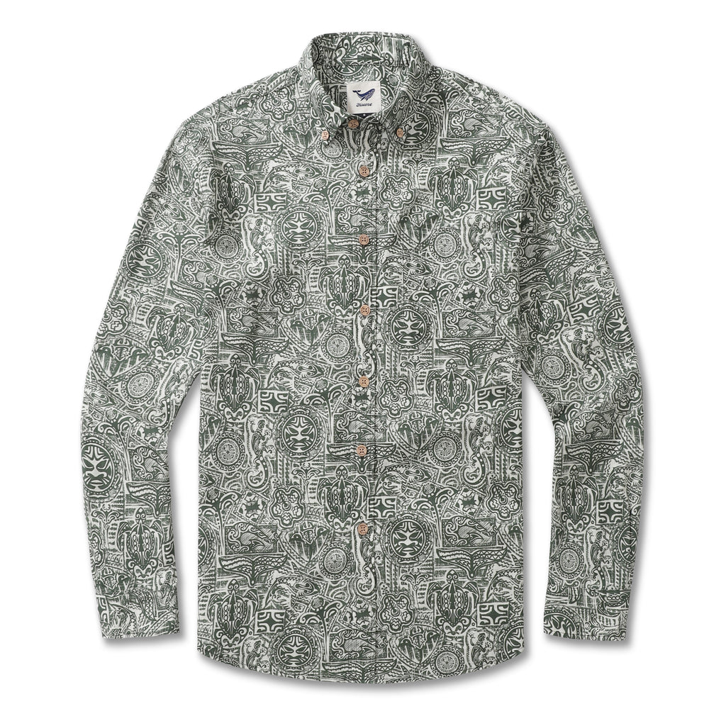 Men's long sleeve tropical Hawaiian shirt with green and white totem, turtle, and shark print.