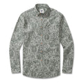Men's long sleeve tropical Hawaiian shirt with green and white totem, turtle, and shark print.