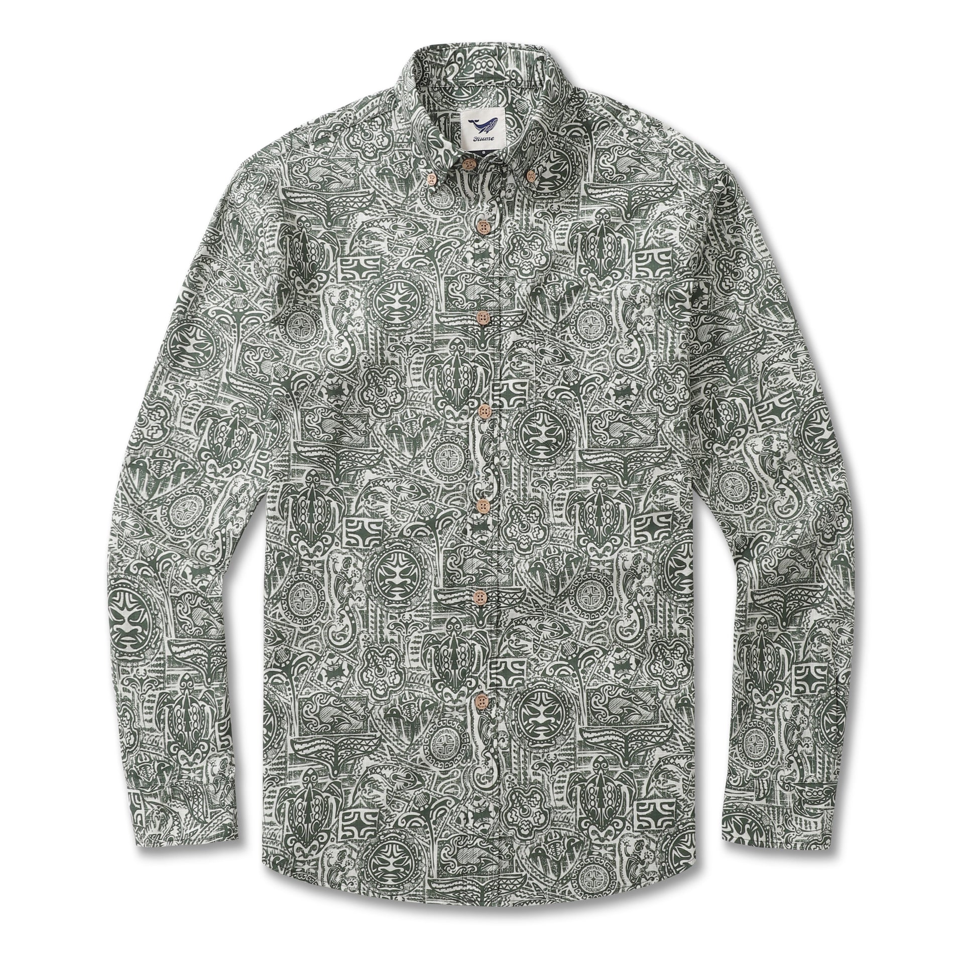 Men's long sleeve tropical Hawaiian shirt with green and white totem, turtle, and shark print.