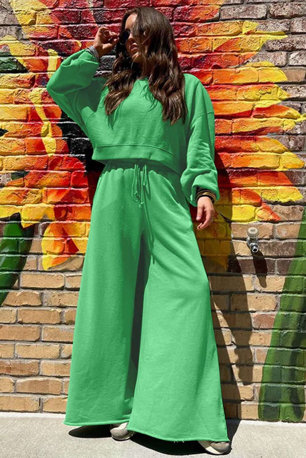 Yellow Cream Drop Shoulder Crop Pullover Wide Leg Pants Set