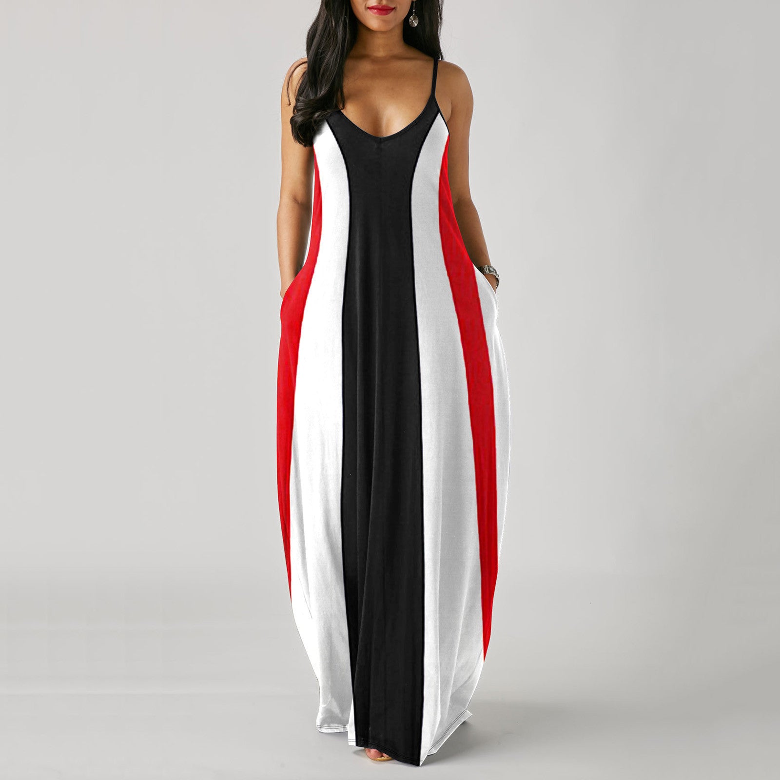 Long floral print sling dress with a U-neck and large swing hem