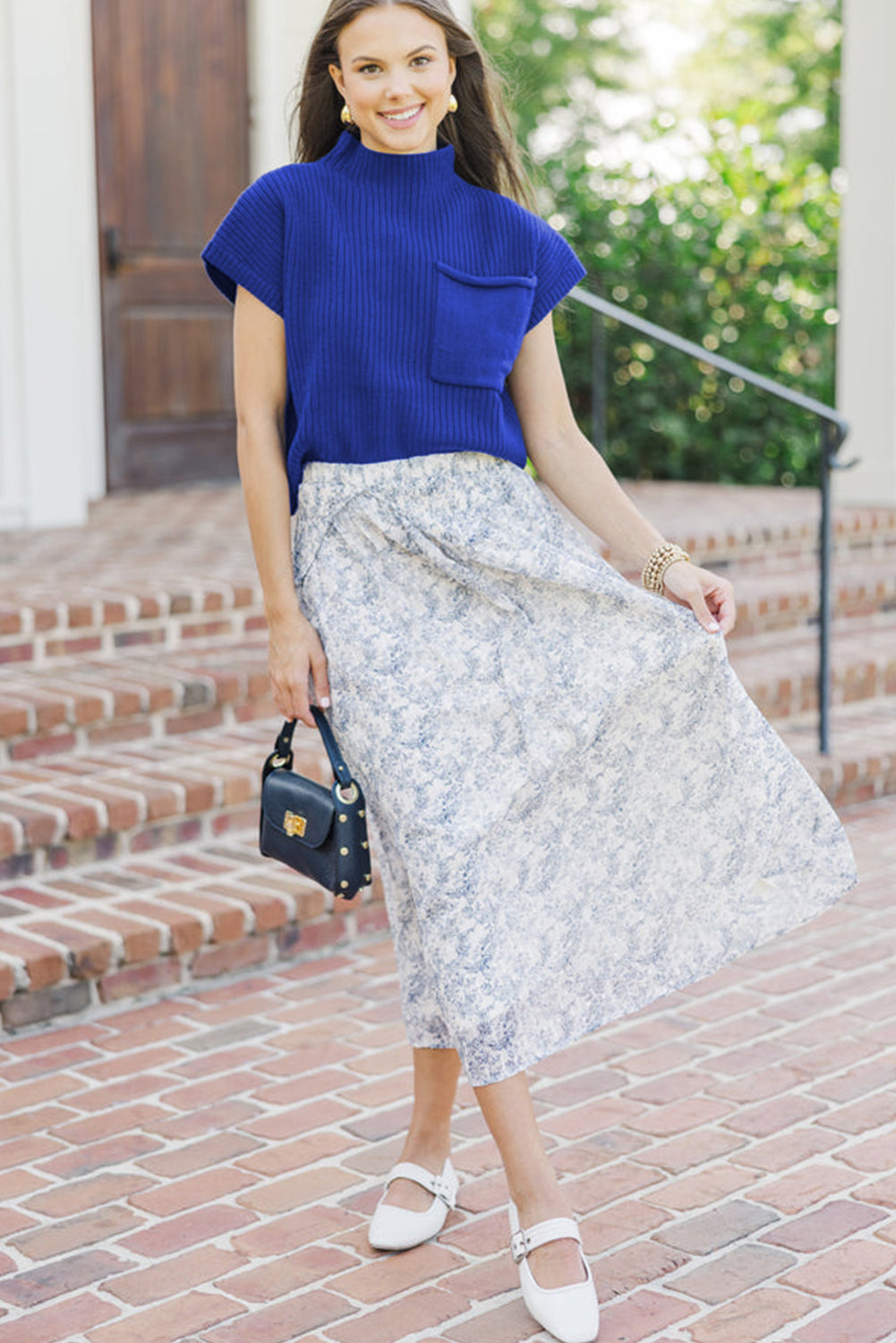 Dark Blue Patch Pocket Ribbed Knit Short Sleeve Sweater