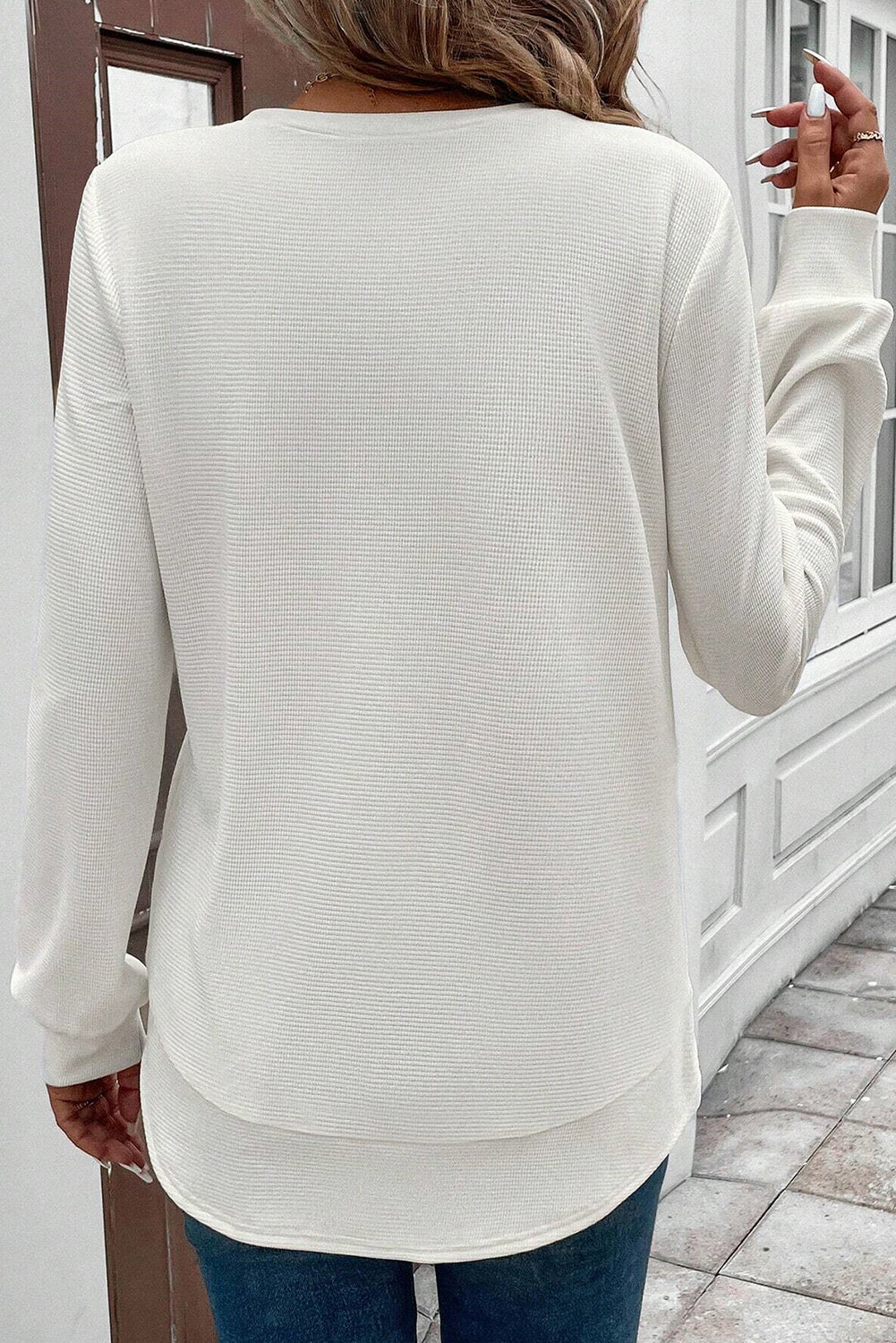 White Waffle Long Sleeve Top | Rounded Hem Classic Tee