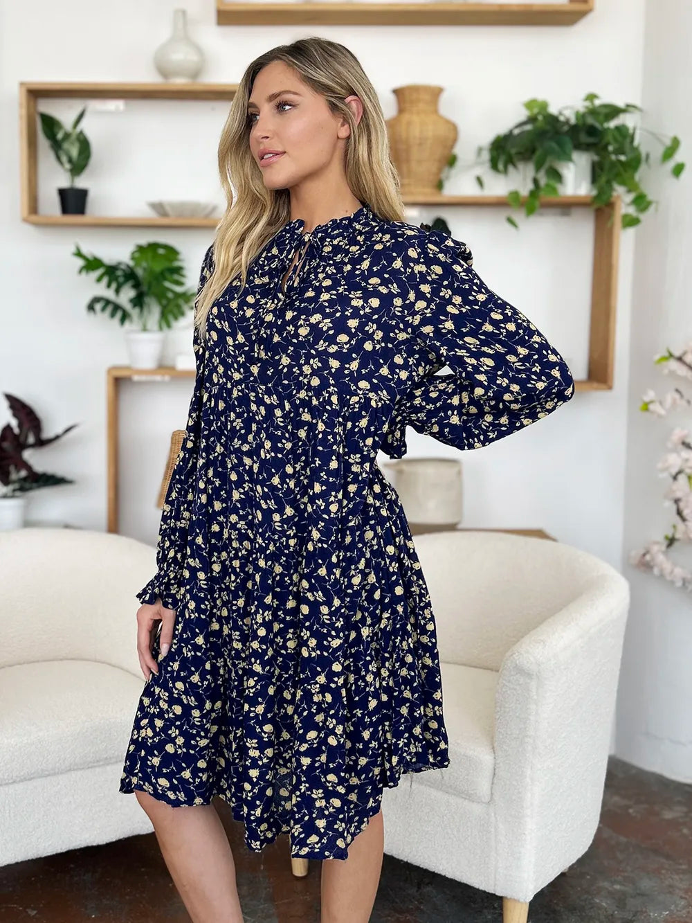 Printed Ruffle Hem Long Sleeve Tiered Midi Dress