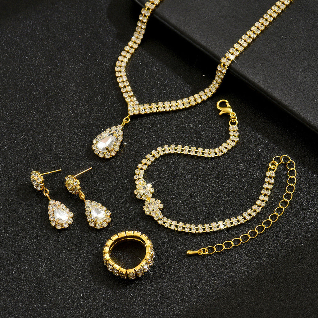 Women 4 Pcs Rhinestone Jewelry Set,Necklace Earrings Bracelet Ring,Elegant Bridal Costume Accessories For Wedding Party Occasion